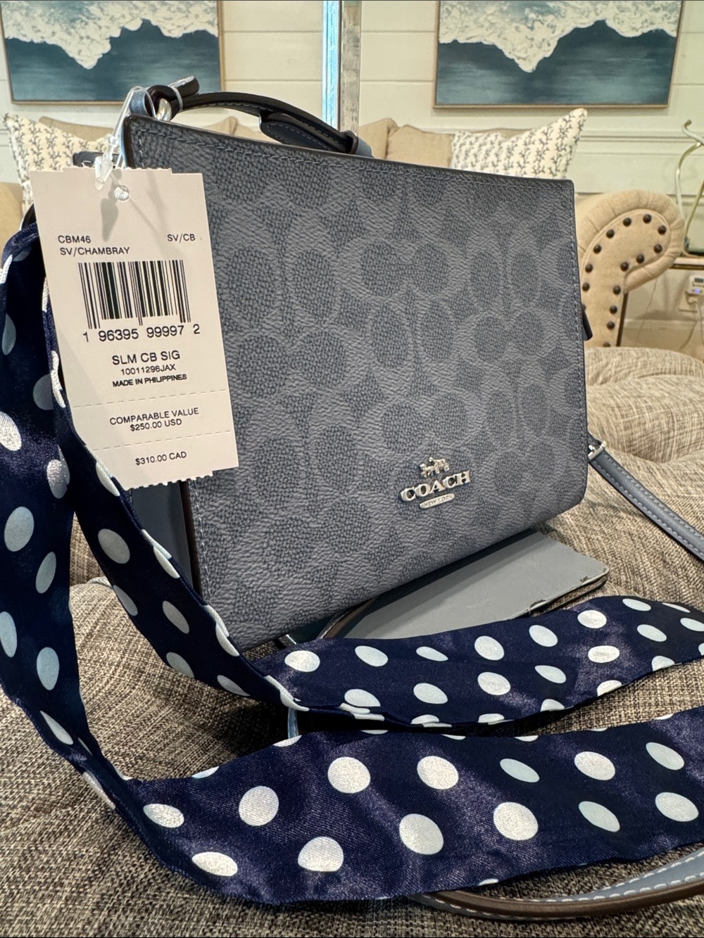 Coach Bag Blue Slim Crossbody in Signature Chambray NWT - Picture 3 of 17
